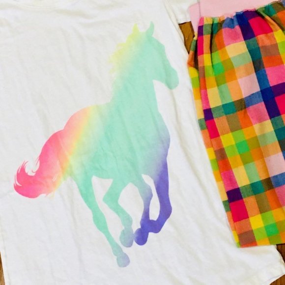 Easter spring unicorn shirt top and checkered cotton pants girl 10 12 - Picture 1 of 5